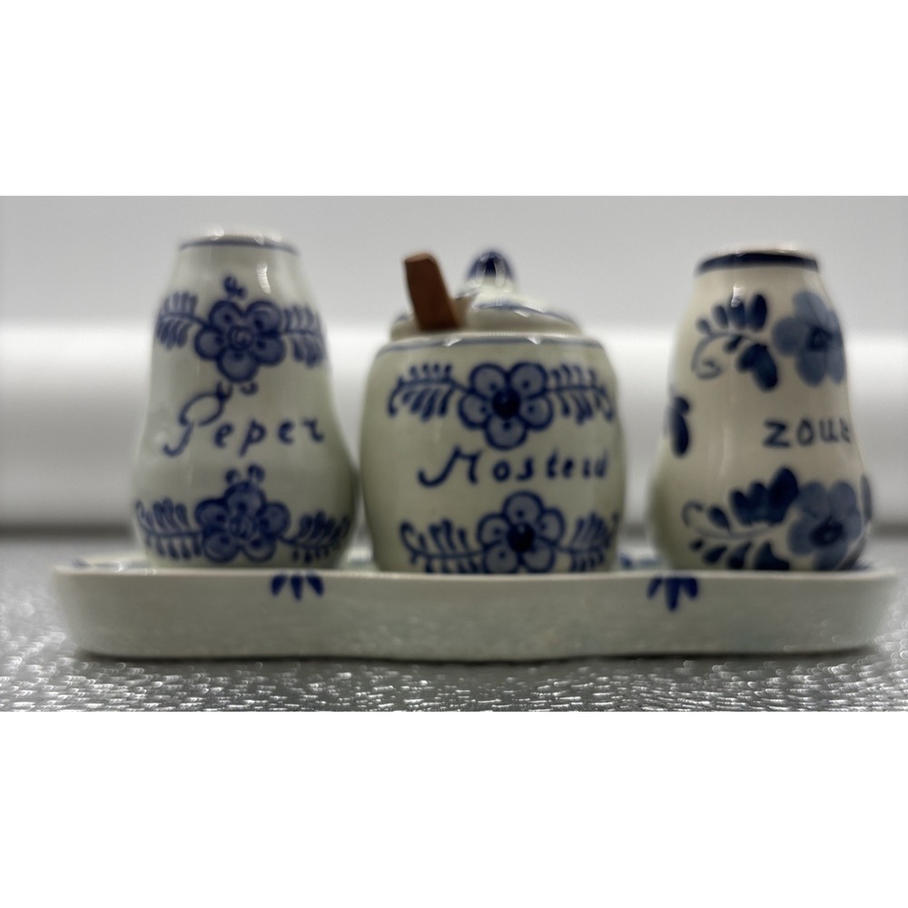 Delft Blue Netherlands Hand Painted 6 Piece Condiment Set‎ Tray Wooden Spoon
